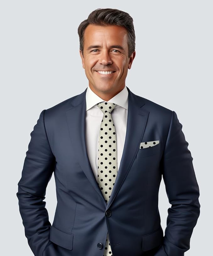 Vittorio Farina Men's Polka Dot Satin Necktie & Pocket Square - Suits You Sir - Ivory and Black -