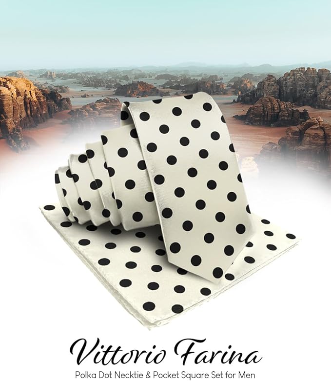 Vittorio Farina Men's Polka Dot Satin Necktie & Pocket Square - Suits You Sir - Ivory and Black -