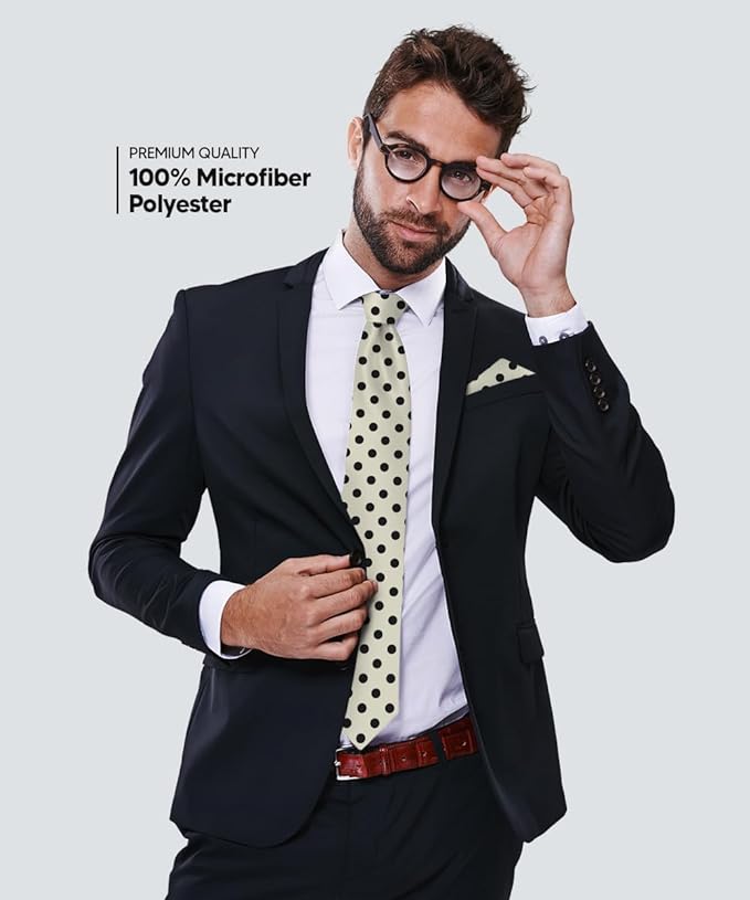 Vittorio Farina Men's Polka Dot Satin Necktie & Pocket Square - Suits You Sir - Ivory and Black -