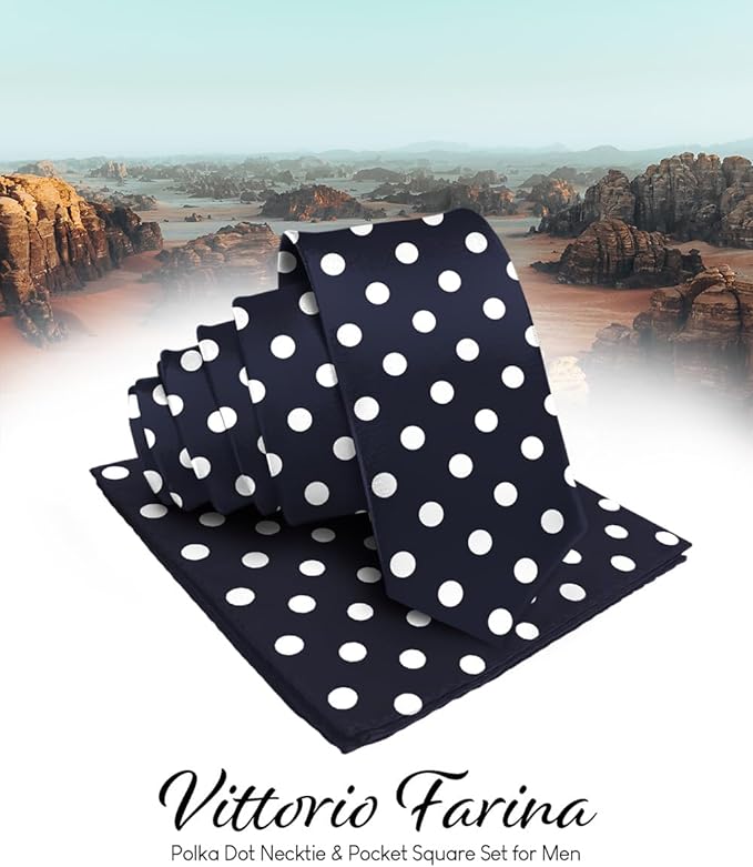 Vittorio Farina Men's Polka Dot Satin Necktie & Pocket Square - Suits You Sir - Navy Blue and White -