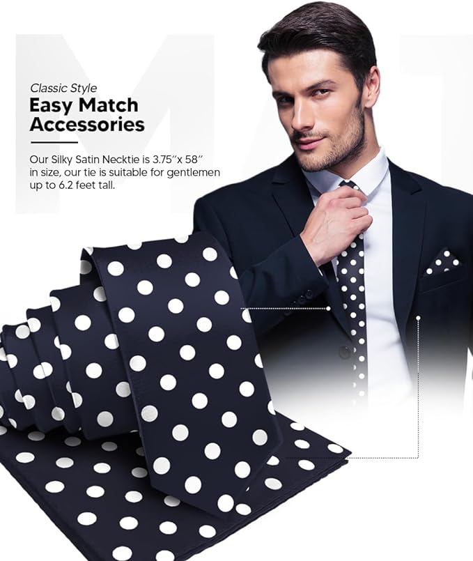 Vittorio Farina Men's Polka Dot Satin Necktie & Pocket Square - Suits You Sir - Navy Blue and White -