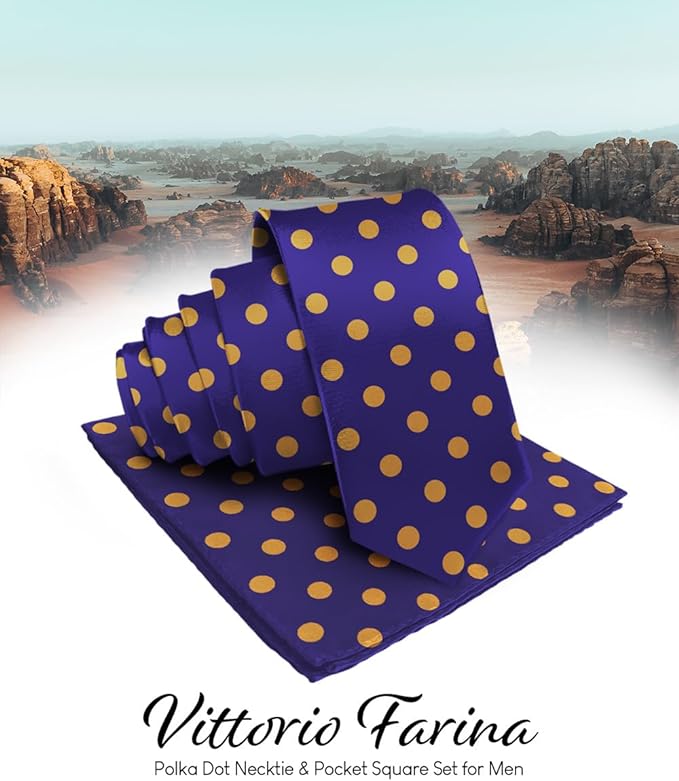 Vittorio Farina Men's Polka Dot Satin Necktie & Pocket Square - Suits You Sir - Purple and Gold -