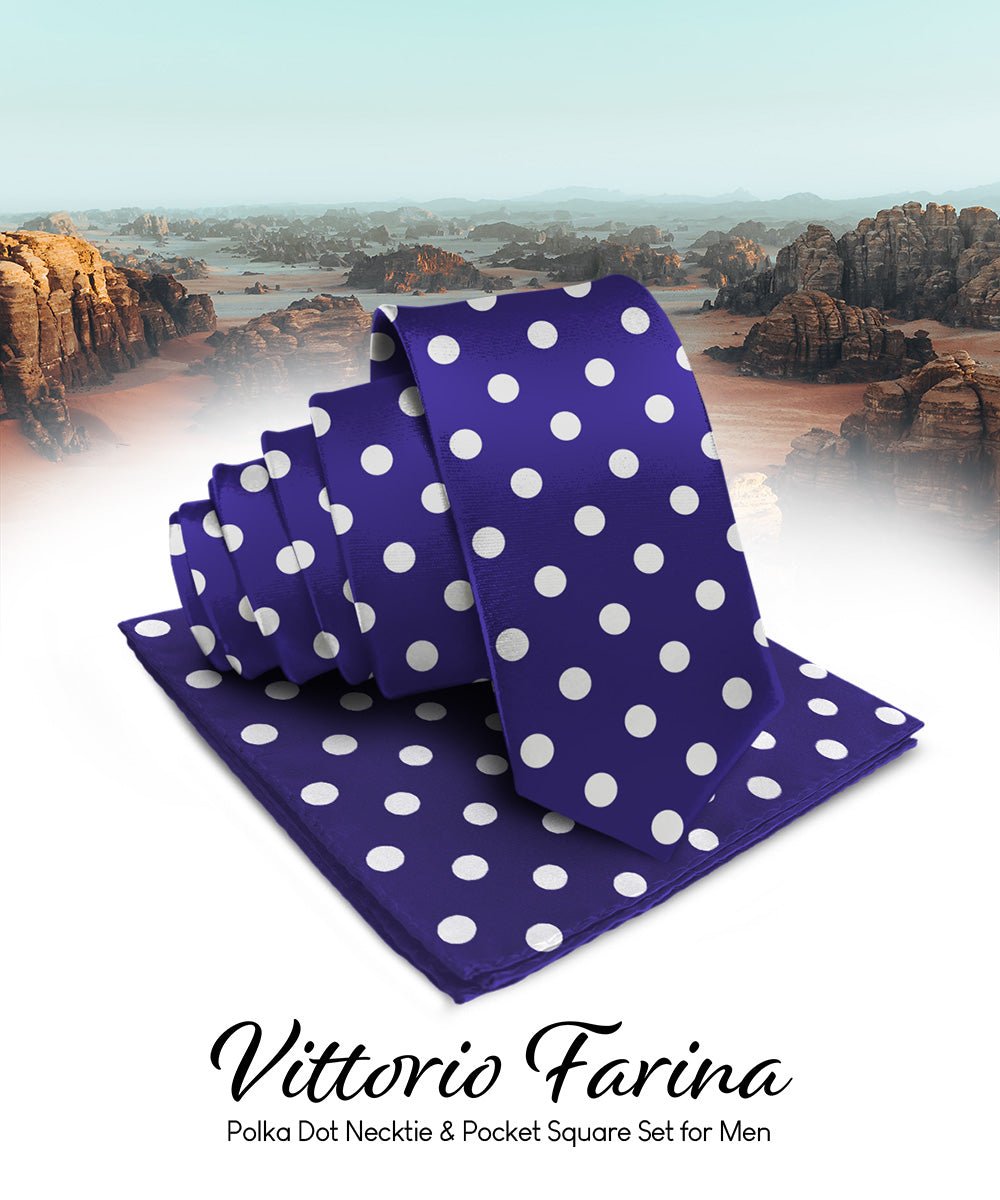 Vittorio Farina Men's Polka Dot Satin Necktie & Pocket Square - Suits You Sir - Purple and White -