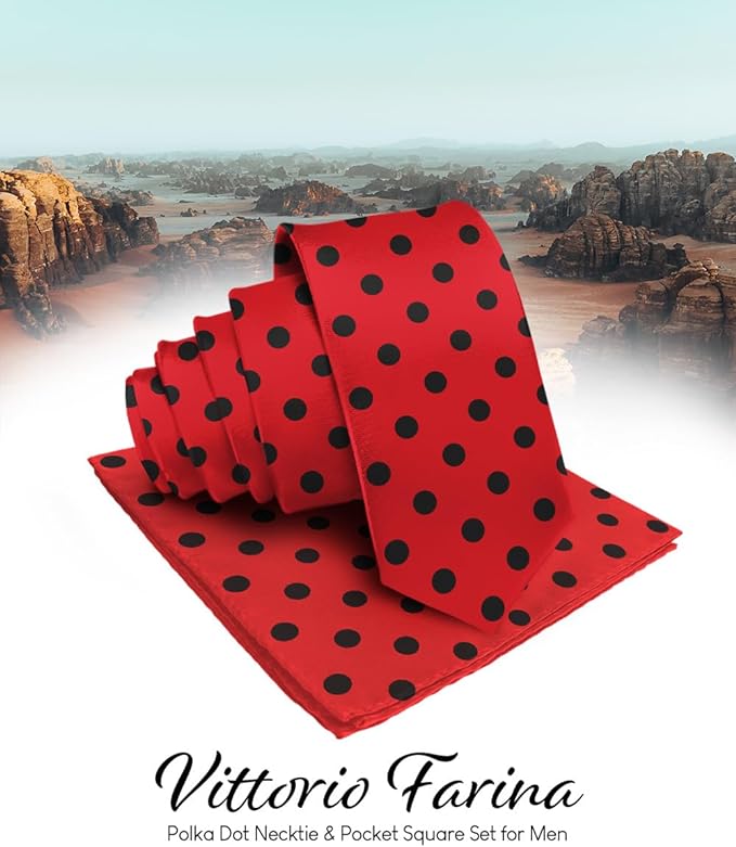 Vittorio Farina Men's Polka Dot Satin Necktie & Pocket Square - Suits You Sir - Red and Black -