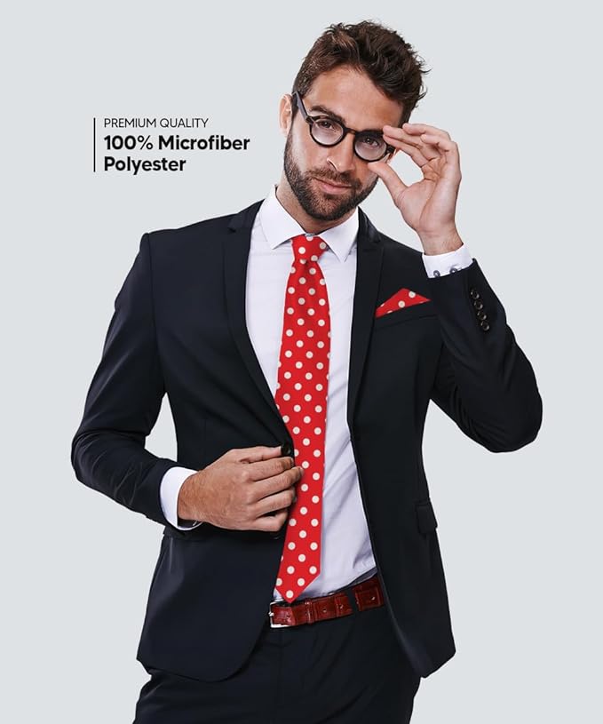 Vittorio Farina Men's Polka Dot Satin Necktie & Pocket Square - Suits You Sir - Red and White -