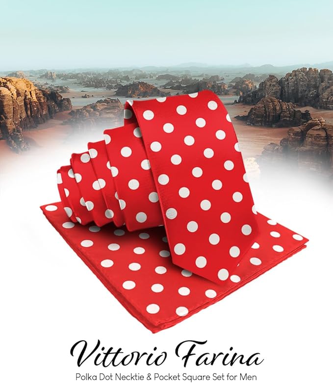 Vittorio Farina Men's Polka Dot Satin Necktie & Pocket Square - Suits You Sir - Red and White -