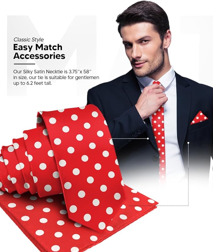 Vittorio Farina Men's Polka Dot Satin Necktie & Pocket Square - Suits You Sir - Red and White -