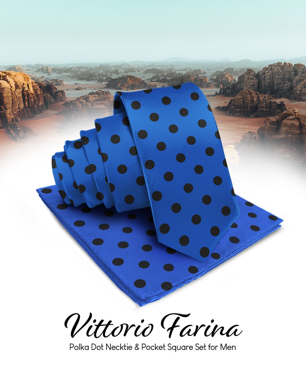 Vittorio Farina Men's Polka Dot Satin Necktie & Pocket Square - Suits You Sir - Royal Blue and Black -