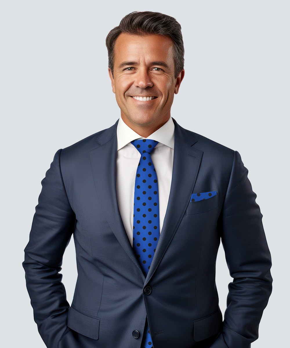 Vittorio Farina Men's Polka Dot Satin Necktie & Pocket Square - Suits You Sir - Royal Blue and Black -