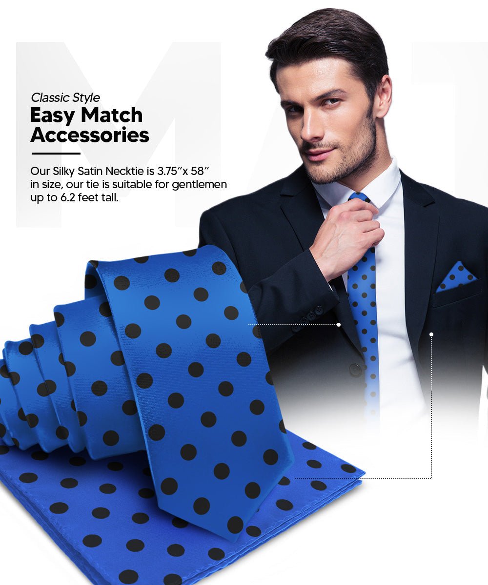 Vittorio Farina Men's Polka Dot Satin Necktie & Pocket Square - Suits You Sir - Royal Blue and Black -