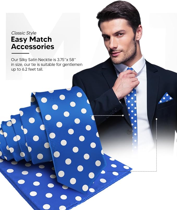 Vittorio Farina Men's Polka Dot Satin Necktie & Pocket Square - Suits You Sir - Royal Blue and White -