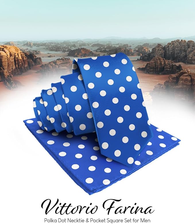 Vittorio Farina Men's Polka Dot Satin Necktie & Pocket Square - Suits You Sir - Royal Blue and White -
