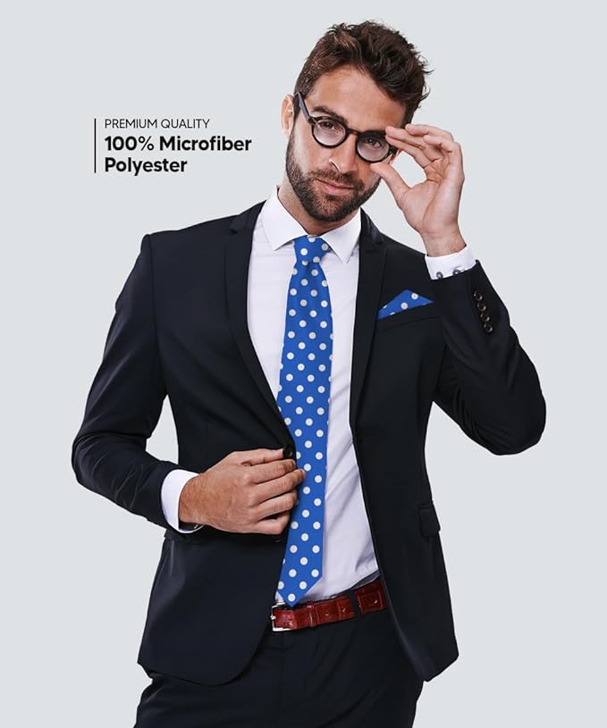 Vittorio Farina Men's Polka Dot Satin Necktie & Pocket Square - Suits You Sir - Royal Blue and White -
