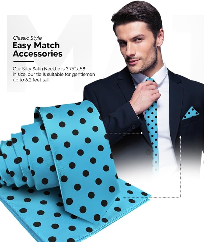 Vittorio Farina Men's Polka Dot Satin Necktie & Pocket Square - Suits You Sir - Turquoise and Black -