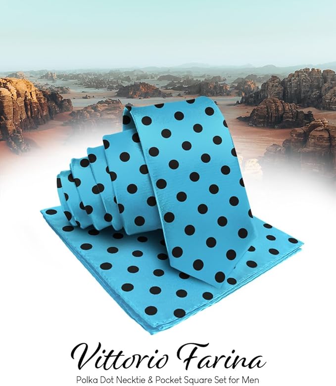 Vittorio Farina Men's Polka Dot Satin Necktie & Pocket Square - Suits You Sir - Turquoise and Black -