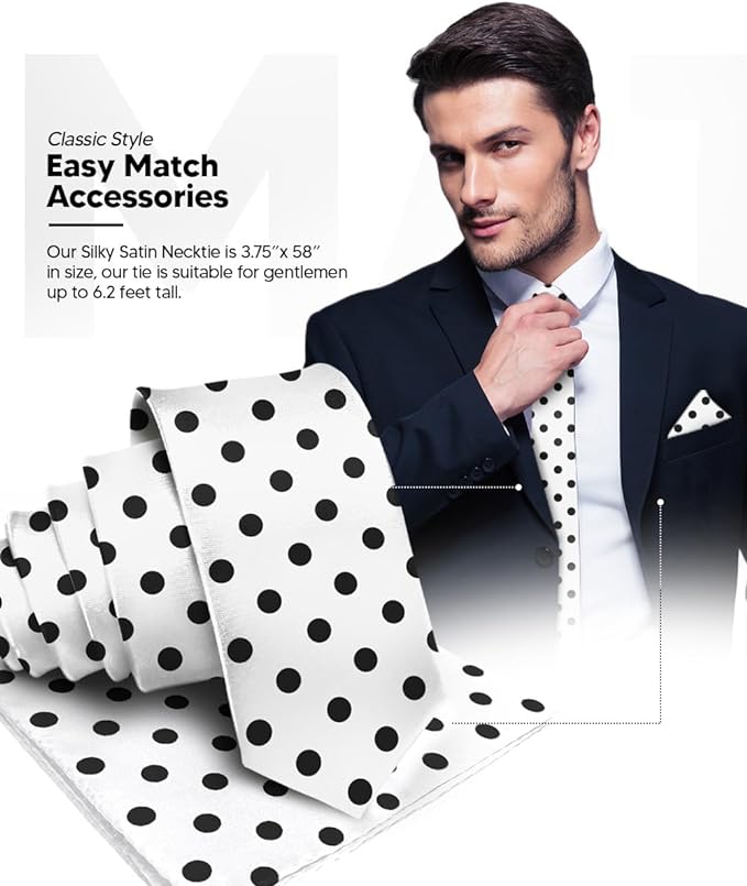 Vittorio Farina Men's Polka Dot Satin Necktie & Pocket Square - Suits You Sir - White and Black -