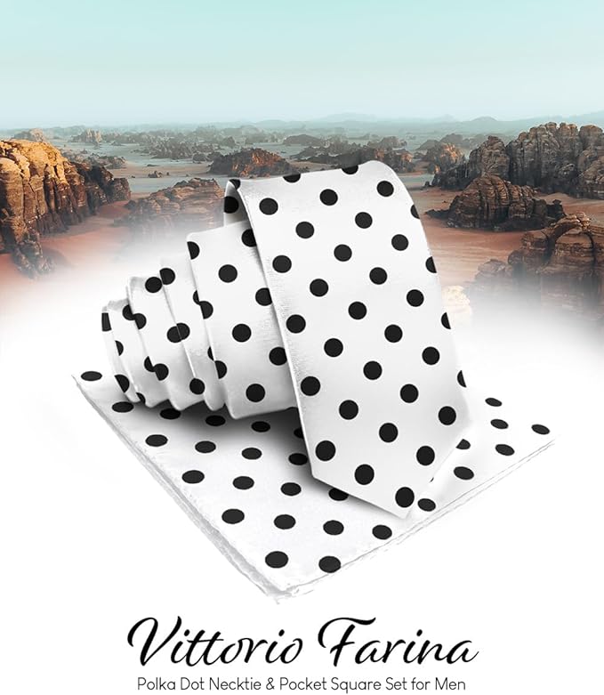 Vittorio Farina Men's Polka Dot Satin Necktie & Pocket Square - Suits You Sir - White and Black -
