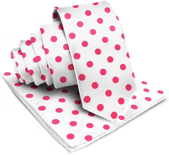 Vittorio Farina Men's Polka Dot Satin Necktie & Pocket Square - Suits You Sir - White and Hot Pink -