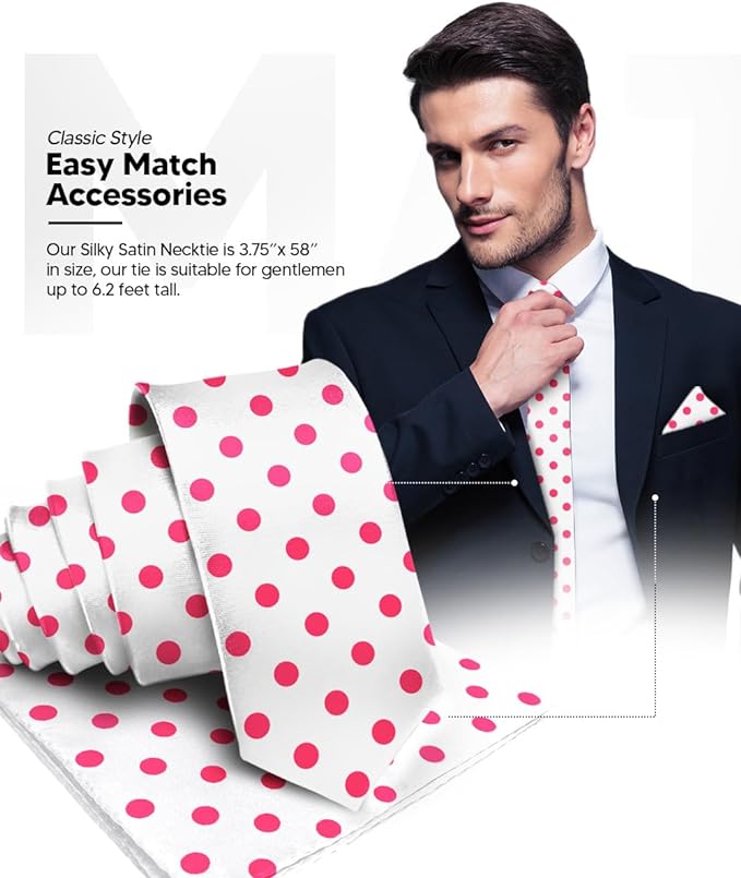Vittorio Farina Men's Polka Dot Satin Necktie & Pocket Square - Suits You Sir - White and Hot Pink -