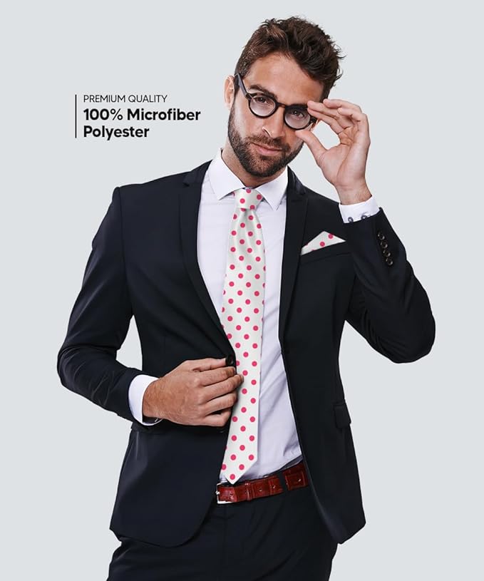 Vittorio Farina Men's Polka Dot Satin Necktie & Pocket Square - Suits You Sir - White and Hot Pink -