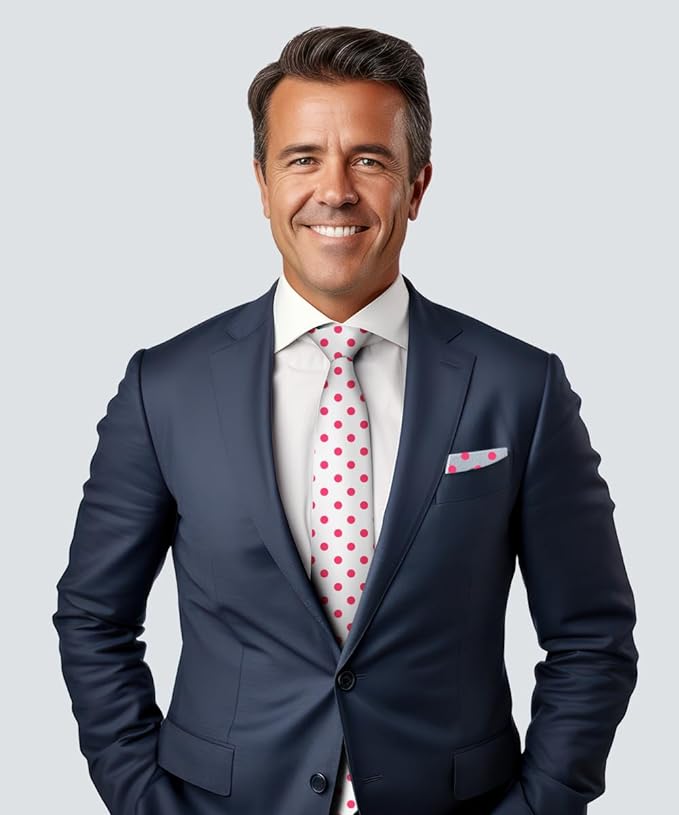 Vittorio Farina Men's Polka Dot Satin Necktie & Pocket Square - Suits You Sir - White and Hot Pink -