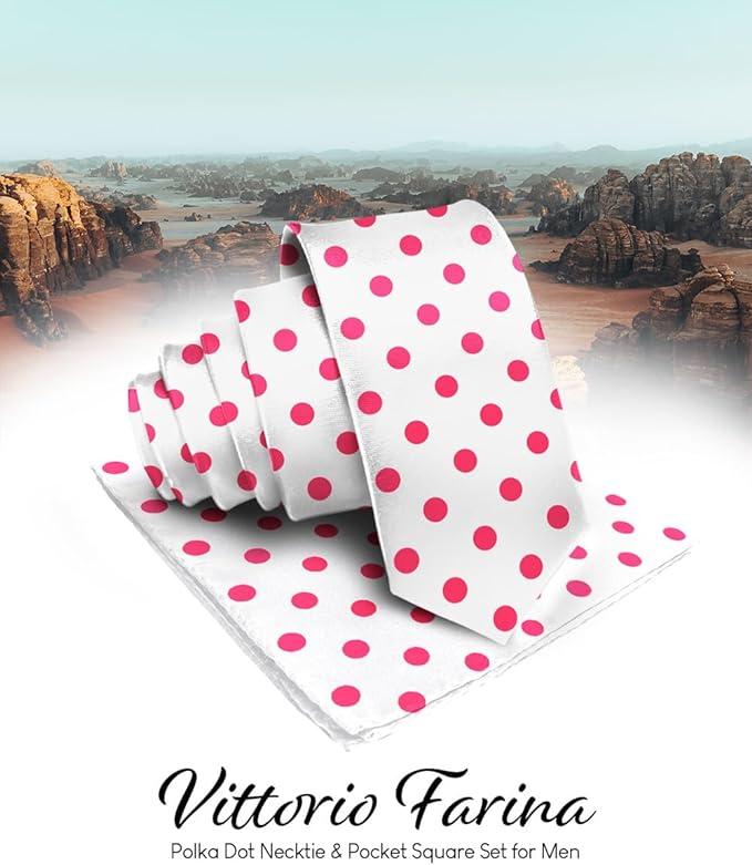 Vittorio Farina Men's Polka Dot Satin Necktie & Pocket Square - Suits You Sir - White and Hot Pink -