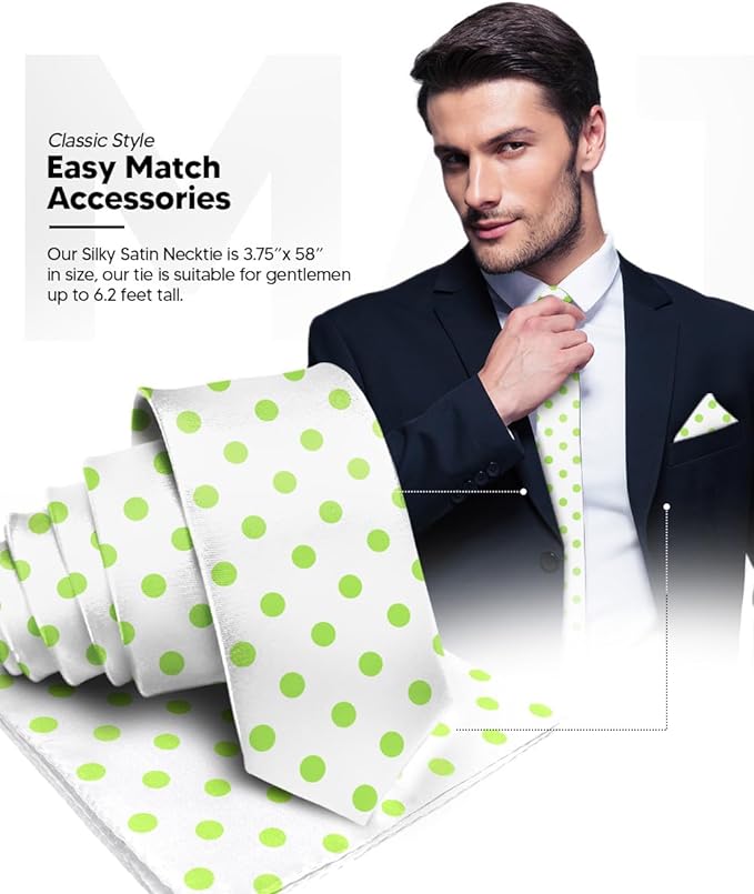 Vittorio Farina Men's Polka Dot Satin Necktie & Pocket Square - Suits You Sir - White and Lime Green -