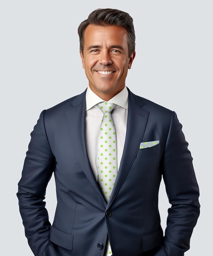 Vittorio Farina Men's Polka Dot Satin Necktie & Pocket Square - Suits You Sir - White and Lime Green -