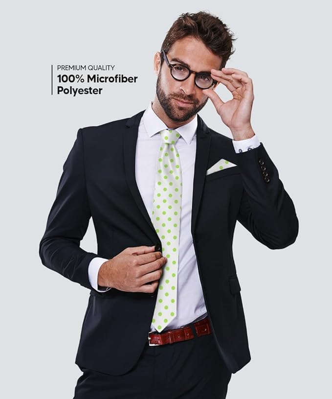 Vittorio Farina Men's Polka Dot Satin Necktie & Pocket Square - Suits You Sir - White and Lime Green -