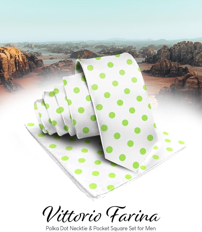 Vittorio Farina Men's Polka Dot Satin Necktie & Pocket Square - Suits You Sir - White and Lime Green -