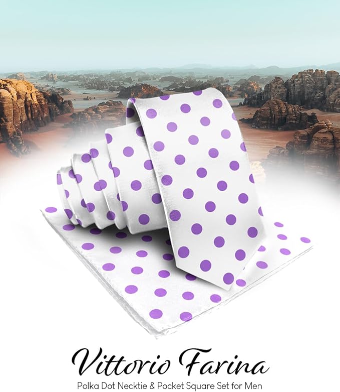 Vittorio Farina Men's Polka Dot Satin Necktie & Pocket Square - Suits You Sir - White and Purple -