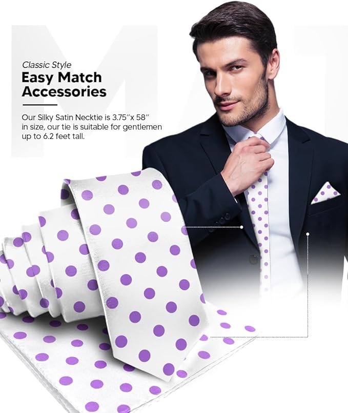 Vittorio Farina Men's Polka Dot Satin Necktie & Pocket Square - Suits You Sir - White and Purple -