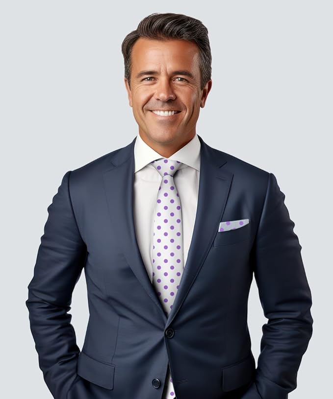 Vittorio Farina Men's Polka Dot Satin Necktie & Pocket Square - Suits You Sir - White and Purple -