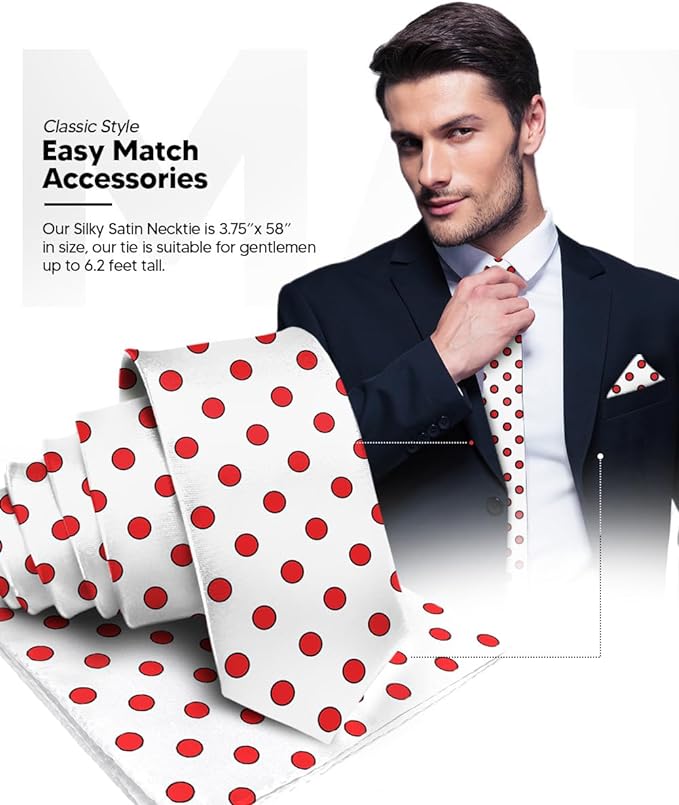 Vittorio Farina Men's Polka Dot Satin Necktie & Pocket Square - Suits You Sir - White and Red -