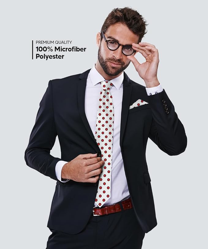 Vittorio Farina Men's Polka Dot Satin Necktie & Pocket Square - Suits You Sir - White and Red -