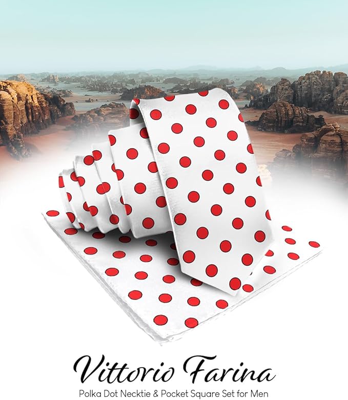 Vittorio Farina Men's Polka Dot Satin Necktie & Pocket Square - Suits You Sir - White and Red -