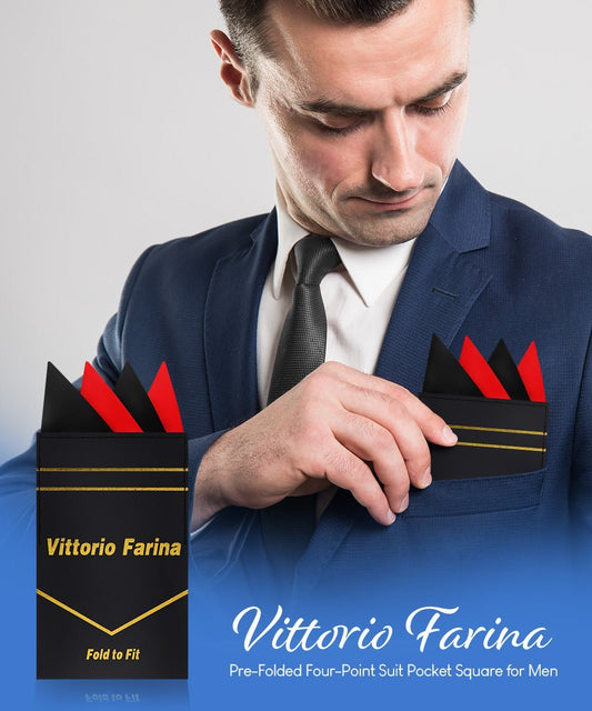 Vittorio Farina Men's Pre - Folded Pocket Square: Four - Point - Suits You Sir - Black and Red -