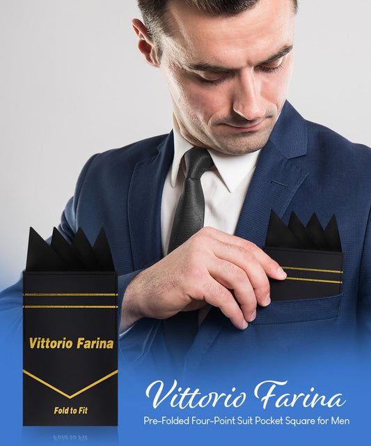 Vittorio Farina Men's Pre - Folded Pocket Square: Four - Point - Suits You Sir - Black -