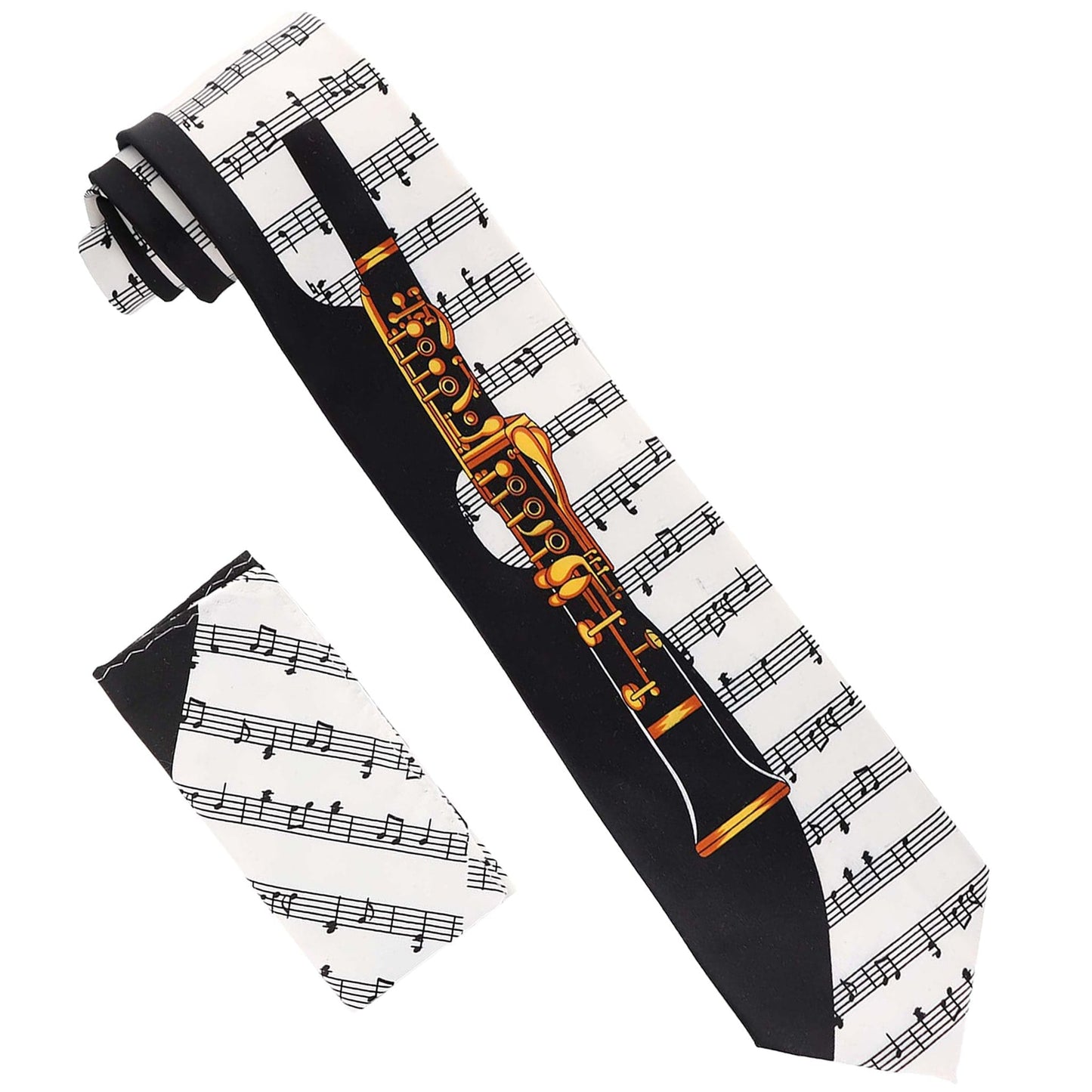 Vittorio Farina Men's Red and Gold Trombone Musical Necktie and Pocket Square - Suits You Sir - White and Black -