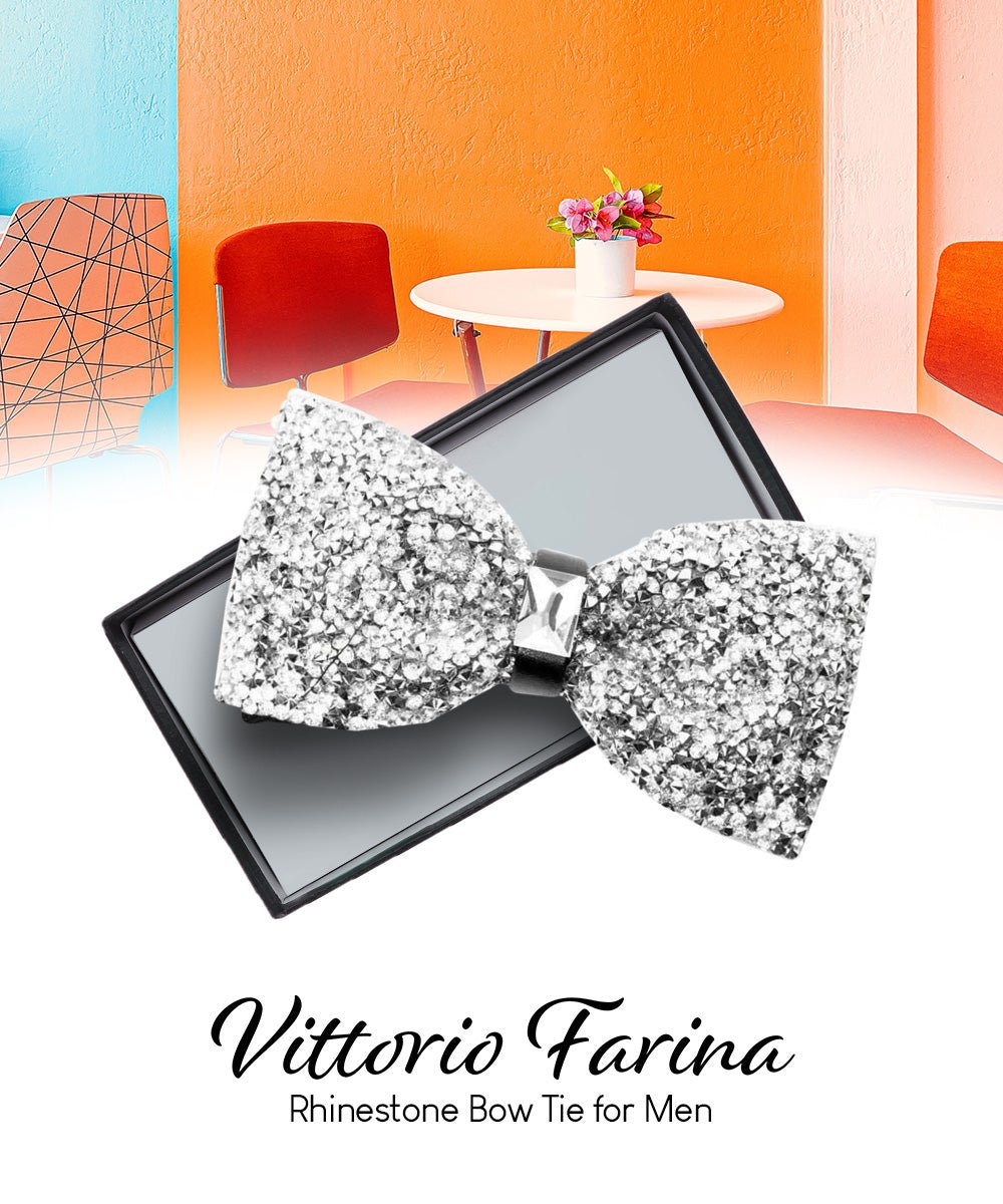 Vittorio Farina Men's Rhinestone Bow Tie in Gift Box - Suits You Sir - Silver and Silver -