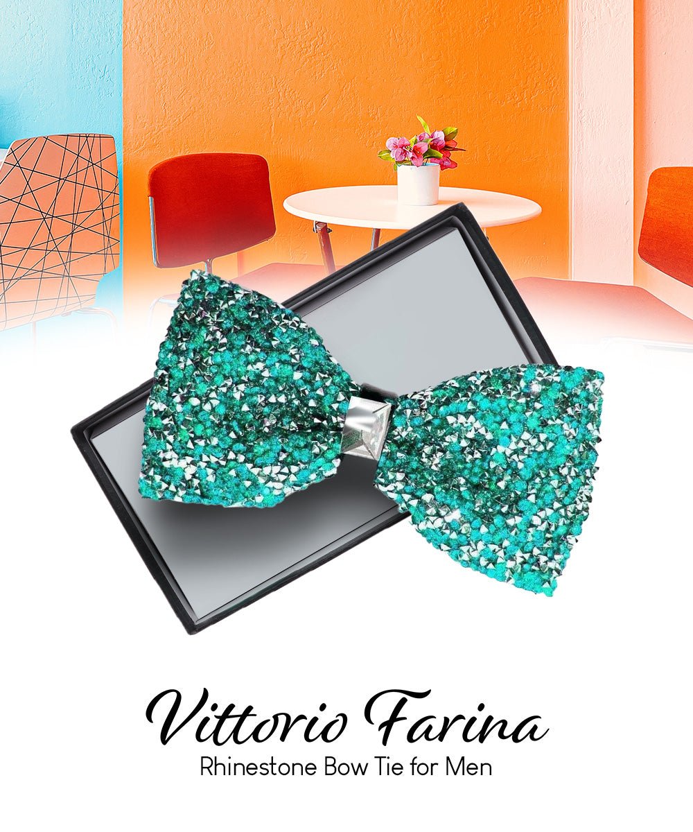 Vittorio Farina Men's Rhinestone Bow Tie in Gift Box - Suits You Sir - Teal Blue and Silver -