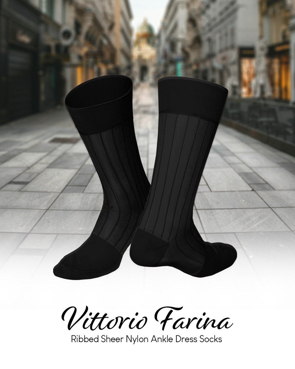 Vittorio Farina Men's Ribbed Shear Nylon Anklet Dress Socks - Suits You Sir - Black - 3