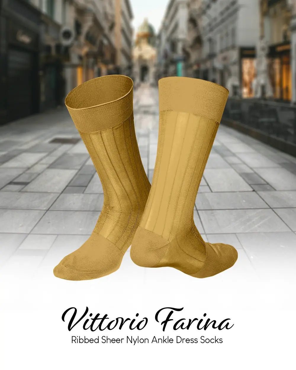 Vittorio Farina Men's Ribbed Shear Nylon Anklet Dress Socks - Suits You Sir - Mustard Yellow - 12