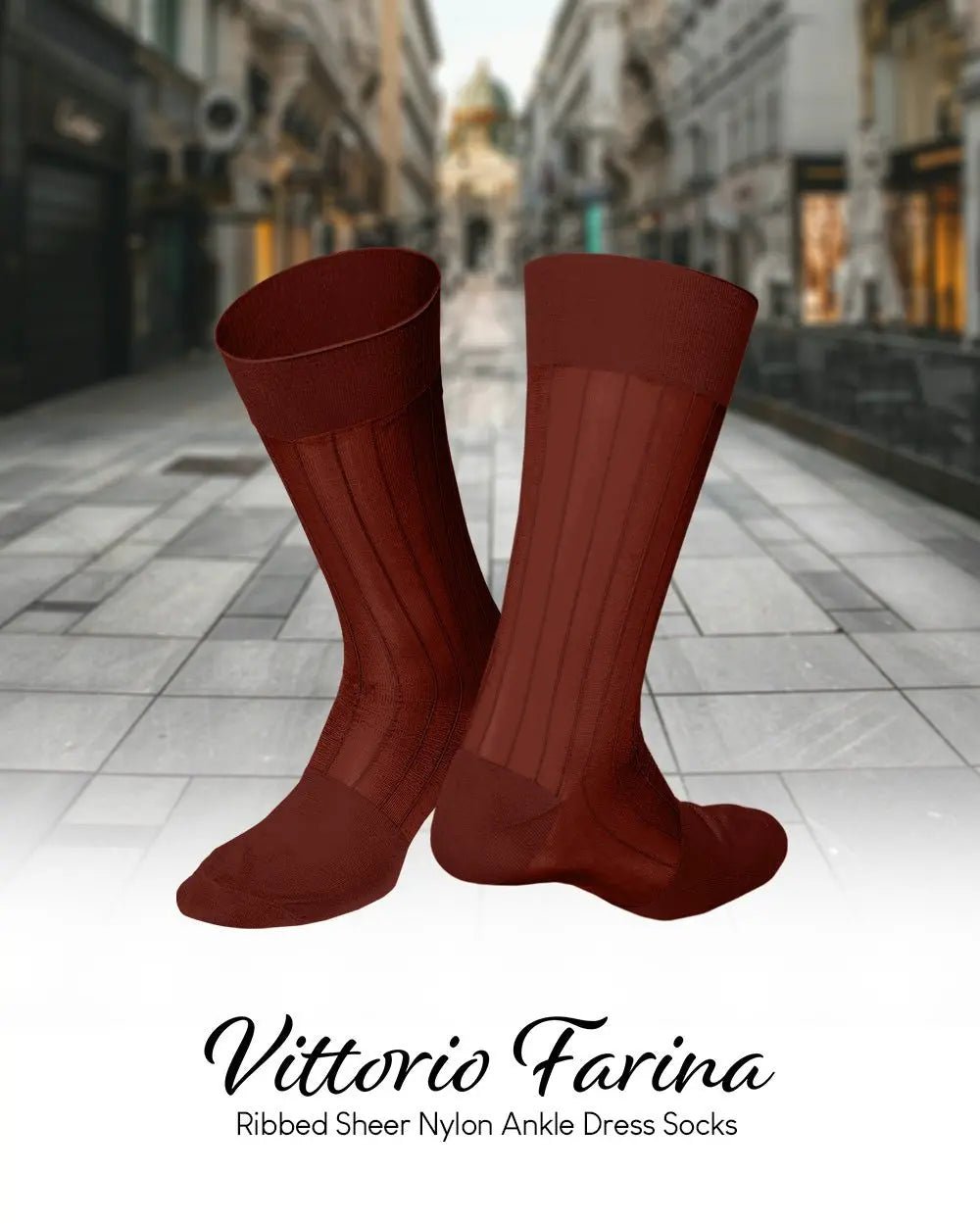 Vittorio Farina Men's Ribbed Shear Nylon Anklet Dress Socks - Suits You Sir - Rust Red - 12