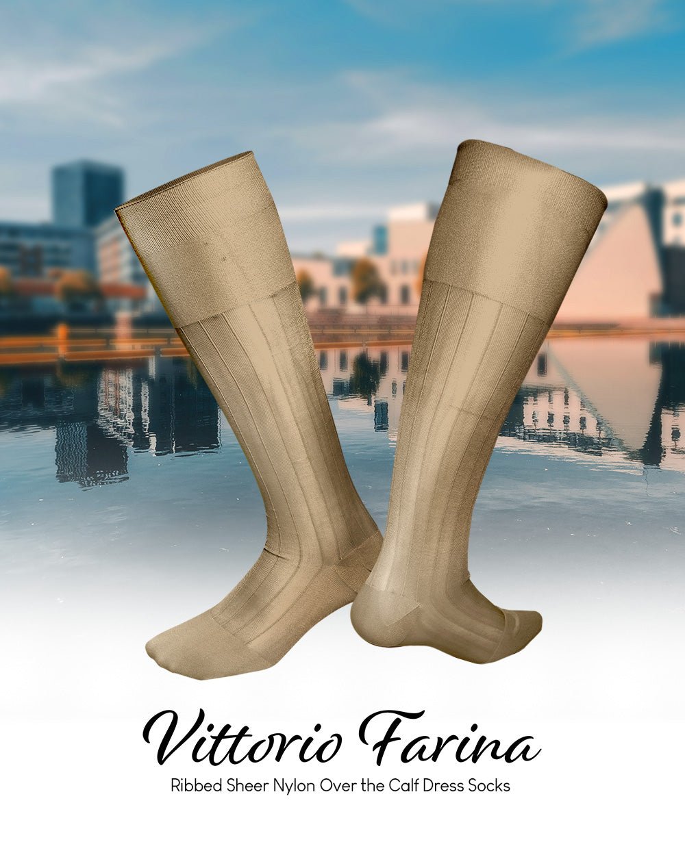 Vittorio Farina Men's Ribbed Shear Nylon Over The Calf Dress Socks - Suits You Sir - Beige - 12