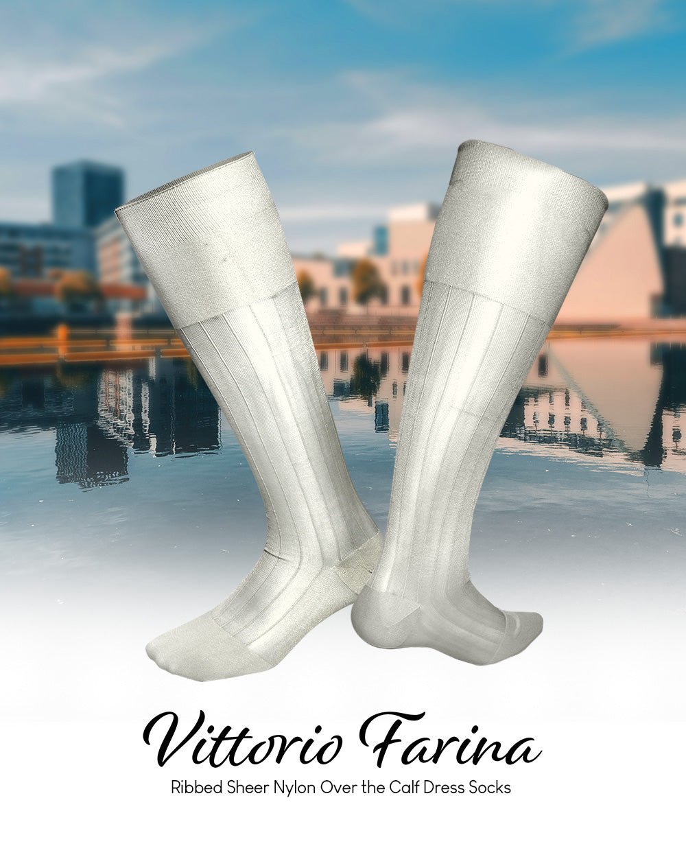 Vittorio Farina Men's Ribbed Shear Nylon Over The Calf Dress Socks - Suits You Sir - Ivory - 12