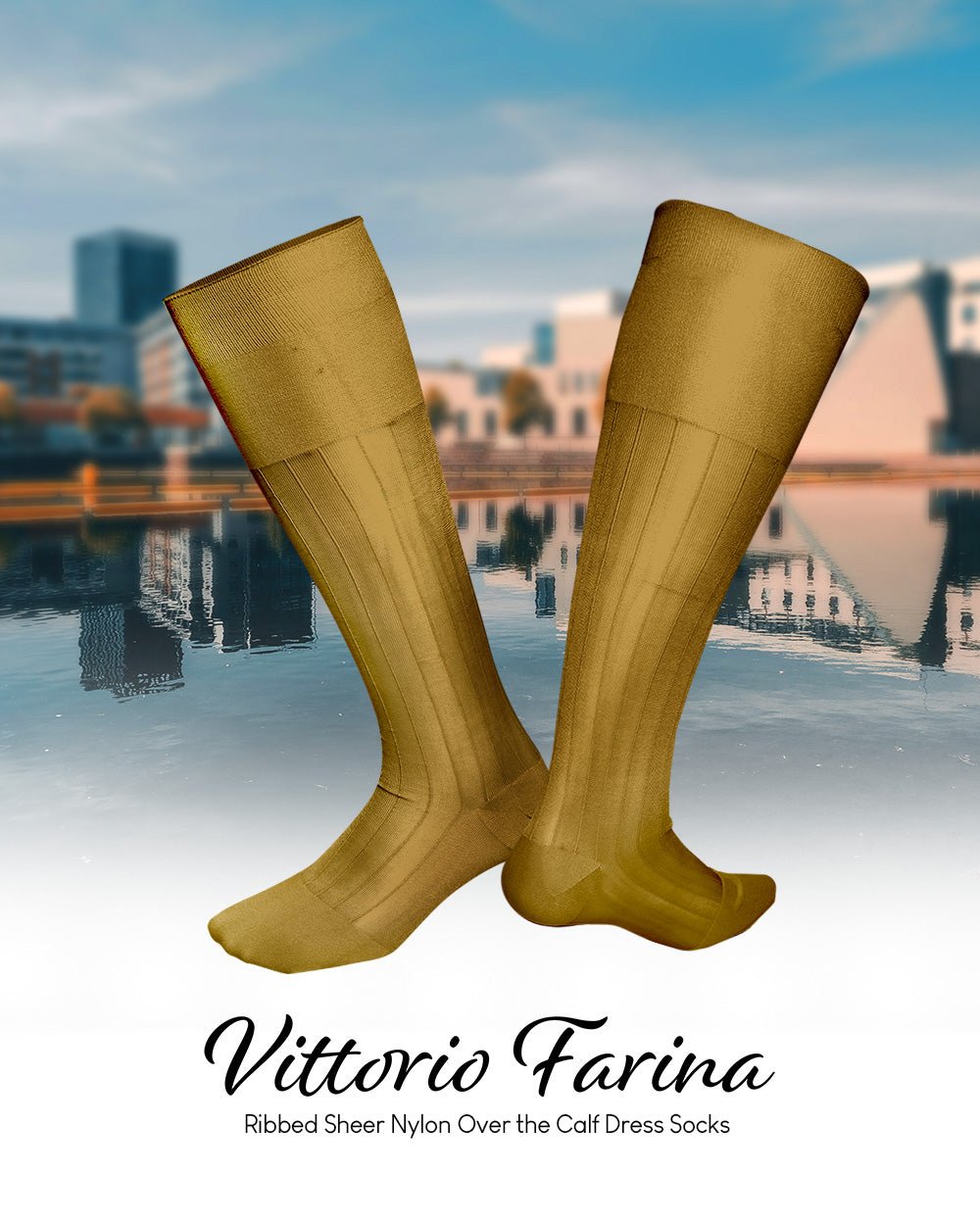 Vittorio Farina Men's Ribbed Shear Nylon Over The Calf Dress Socks - Suits You Sir - Mustard Yellow - 12