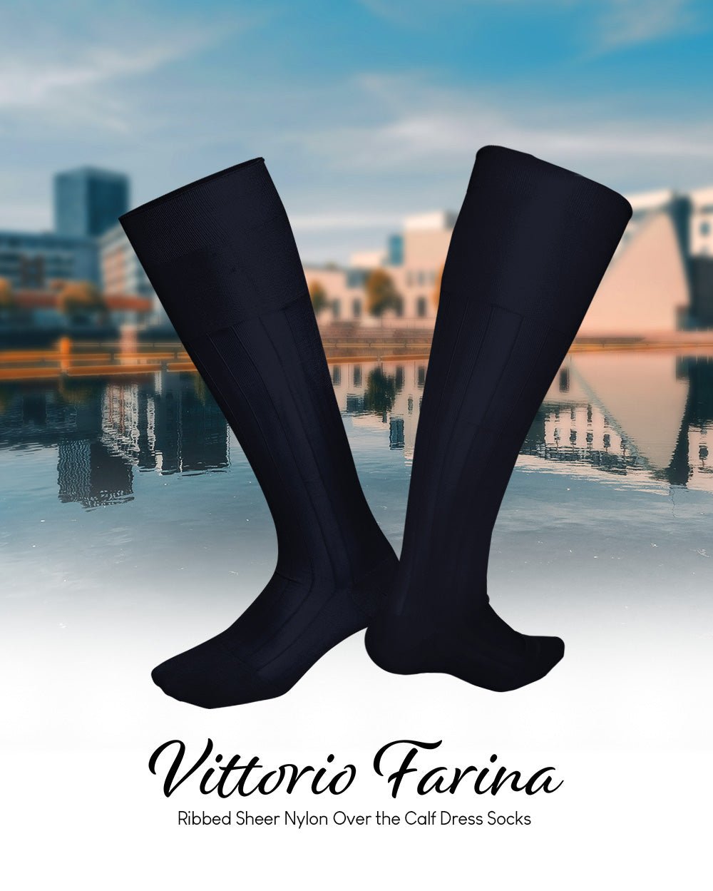 Vittorio Farina Men's Ribbed Shear Nylon Over The Calf Dress Socks - Suits You Sir - Navy Blue - 12
