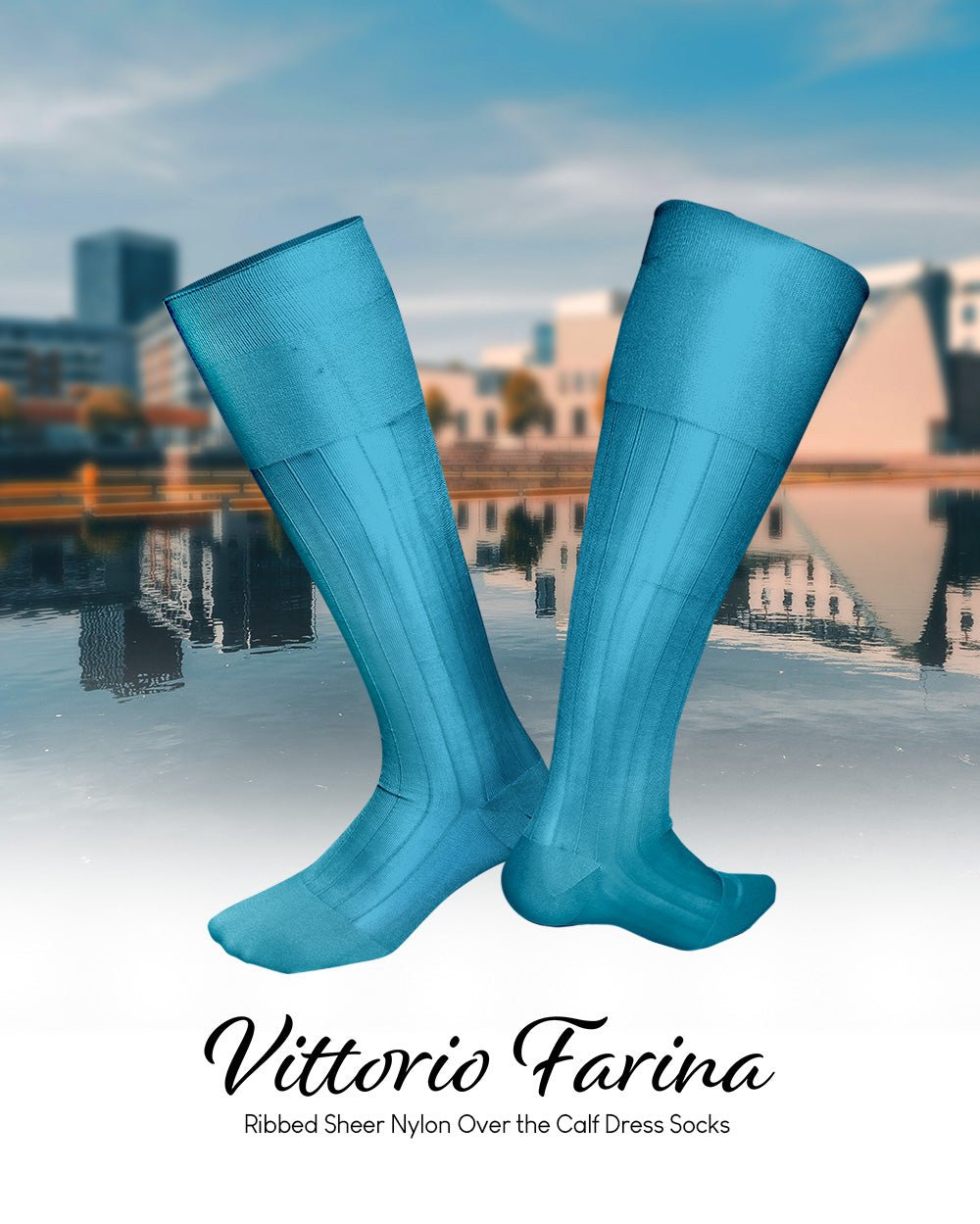 Vittorio Farina Men's Ribbed Shear Nylon Over The Calf Dress Socks - Suits You Sir - Sky Blue - 12