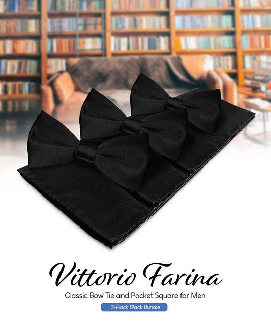 Vittorio Farina Men's Satin Bow Tie & Pocket Square in Gift Box (Multipack) - Suits You Sir - Black -